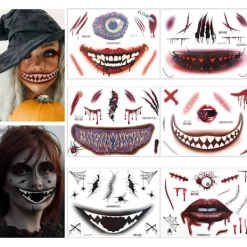 6 Ark Halloween Ansikts Tatueringar, Halloween Ansiktsdekaler Skelettmun Tatuering Halloween Makeup Sätt för Vuxna> Smink