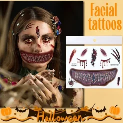 6 Ark Halloween Ansikts Tatueringar, Halloween Ansiktsdekaler Skelettmun Tatuering Halloween Makeup Sätt för Vuxna><noscript><img width=