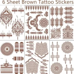 6 ark henna tatueringar brun henna tillfälliga tatuering klistermärken sexig spets vattentät avtagbar falska tatueringar lyx mandala blomma design gynnar | Fyndiq> Smink
