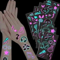FMYSJ 10 Ark Självlysande Musik Temporära Tatueringar Klistermärken med Ljus Neon Rosa Blå Musik Krona Not Disco fest Tillbehör(FMY)> Smink