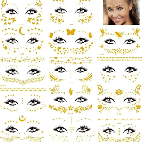 14 ark temporära ansiktstatueringar, ansiktsdekaler glitter metallisk> Smink