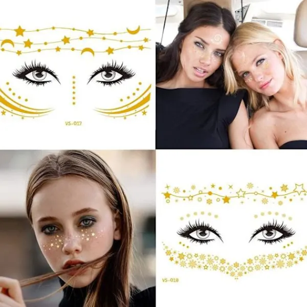 14 ark temporära ansiktstatueringar, ansiktsdekaler glitter metallisk> Smink