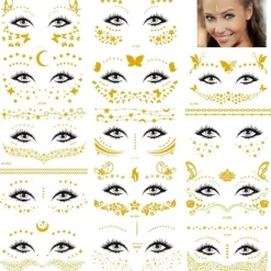 14 ark temporära ansiktstatueringar, ansiktsdekaler glitter metallisk> Smink