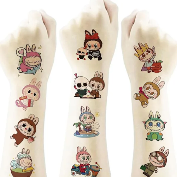 4 ark temporära tatueringar för barn, tecknad Labubu födelsedagsfest presenter för flickor pojkar hemaktivitet klasspriser karneval> Smink