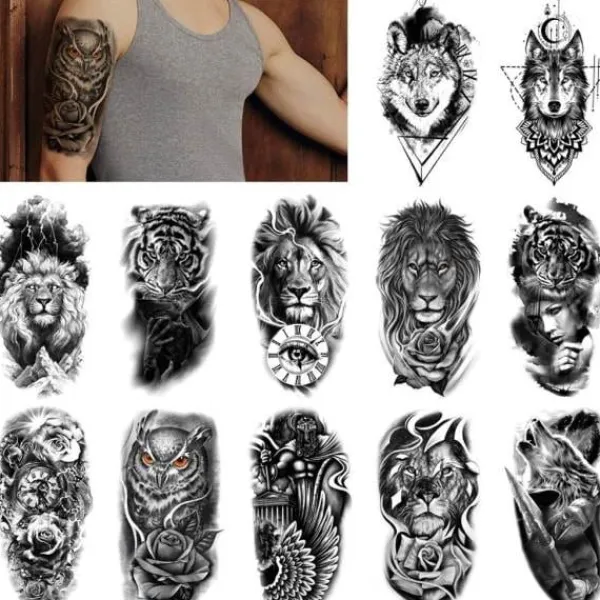 12 Ark Varg Lejon Temporära Tatueringar Män Kvinnor Arm, 3D Temporär Tatuering Vuxna Barn Nacke, Svart Läskig Dödskalle Halloween Falsk Tatuering_yux | Fyndiq> Smink