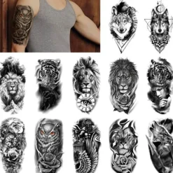 12 ark Varg Lejon Temporära Tatueringar Män Kvinnor Arm, 3D Temporär Tatuering Vuxna Barn Nacke, Svart Läskig Dödskalle Halloween Falsk Tatuering> Smink