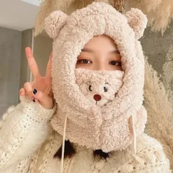 2024 Cartoon Bear Ear Lamb Beanie Hat With Mask Warm Balaclava Winter Thickened Ear Protection Autumn Skullies Beanies for Girl> Huvudbonader