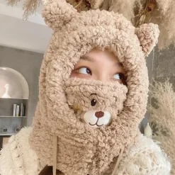 2024 Cartoon Bear Ear Lamb Beanie Hat With Mask Warm Balaclava Winter Thickened Ear Protection Autumn Skullies Beanies for Girl><noscript><img width=