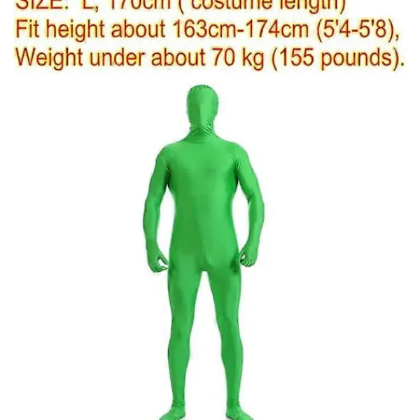170 cm Stor Grön Dräkt med Huvud, Stretchig Stealth-dräkt för Maskerad, Green Screen-dräkt, Helkroppsoverall för Män och Kvinnor, Halloween> Dräkter