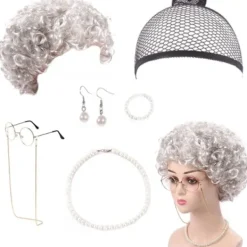 7 delar mormor peruk kostym set, mormor glasögon med pärlor armband, pärlhalsband, cosplay tillbehör för Mardi Gras Halloween (silvergrå peruk)> Tillbehör