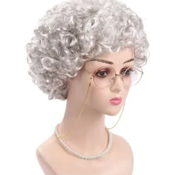 7 delar mormor peruk kostym set, mormor glasögon med pärlor armband, pärlhalsband, cosplay tillbehör för Mardi Gras Halloween (silvergrå peruk)> Tillbehör
