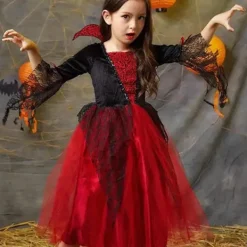 KOOLYOU 2024 Flickor Cosplay Vampyr Halloween Klänning För Barn Spöke Brud Gotisk Kostym Greve Vampiran Karneval Outfit Svart Röda Kläder 110cm | Fyndiq> Dräkter