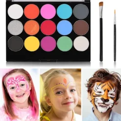15 färger kroppsmålnings ansiktsfärg kit, professionell palett tvättbar med 2 ansiktsfärgspenslar, professionell kroppskonst,A> Smink
