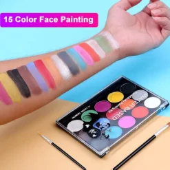 15 färger kroppsmålnings ansiktsfärg kit, professionell palett tvättbar med 2 ansiktsfärgspenslar, professionell kroppskonst,A> Smink