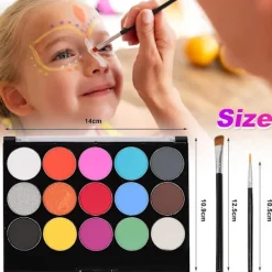 15 färger kroppsmålnings ansiktsfärg kit, professionell palett tvättbar med 2 ansiktsfärgspenslar, professionell kroppskonst,A><noscript><img width=