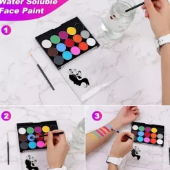 15 färger kroppsmålnings ansiktsfärg kit, professionell palett tvättbar med 2 ansiktsfärgspenslar, professionell kroppskonst,A><noscript><img width=