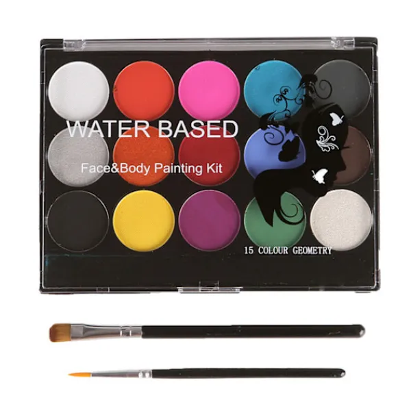 15 färger kroppsmålnings palett pärlemor miljöskydd ansikts kroppsmålning med 2 penslar för vuxna> Smink