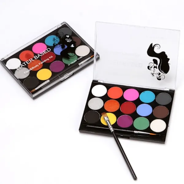 15 färger kroppsmålnings palett pärlemor miljöskydd ansikts kroppsmålning med 2 penslar för vuxna> Smink