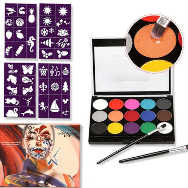 15 färger kroppsmålnings palett pärlemor miljöskydd ansikts kroppsmålning med 2 penslar för vuxna> Smink