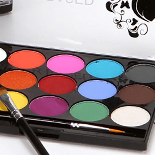 15 färger kroppsmålnings palett pärlemor miljöskydd ansikts kroppsmålning med 2 penslar för vuxna> Smink