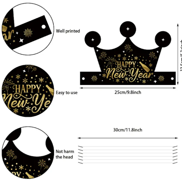 2025 Gott Nytt År Glasögon och hatt, 12-pack Svart Guld Nyårsafton Partyglasögon och hatt, Snygg Fotobåsrekvisita> Tillbehör