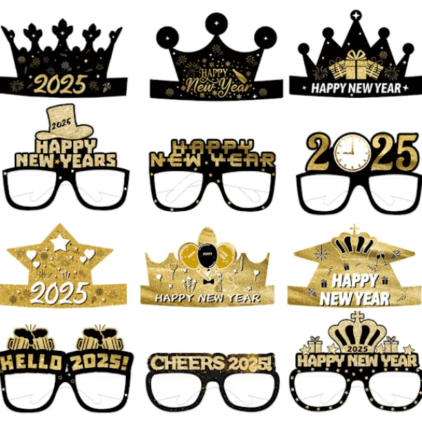 2025 Gott Nytt År Glasögon och hatt, 12-pack Svart Guld Nyårsafton Partyglasögon och hatt, Snygg Fotobåsrekvisita> Tillbehör