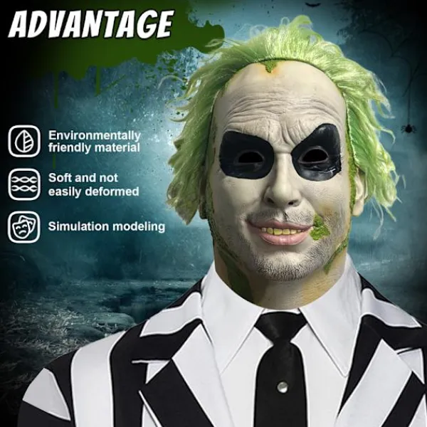 2024 Halloween Beetlejuice Clown Mask Läskig Joker Helhuvudsmask Cosplay Kostym Rekvisita Maskerad-FA-> Masker