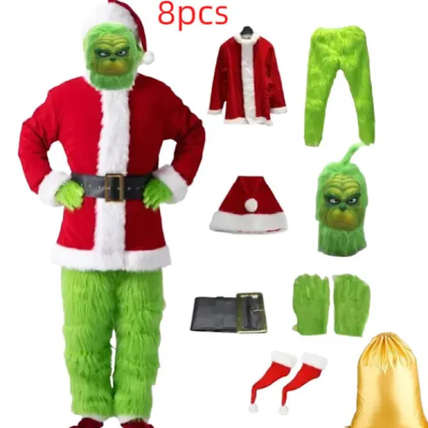 2025 Helt Nytt 8-Delars Grinch Kostym Jul Cosplay Vuxen Tomtedräkt Set med Mask och Guldpåse, Bästa Julklappen-FM- XL> Dräkter