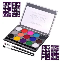 1 Kroppsmålningskit (15 Färger) 2 Penslar 4 Mönstermallar Obs: Som med all kosmetika rekommenderar vi att du gör ett litet hudtest innan du använder det på ett större område | Fyndiq><noscript><img width=