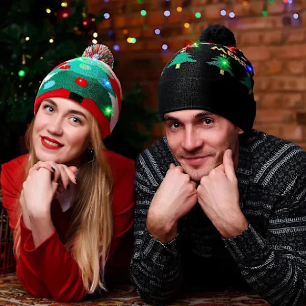 2024 NY LED Julhatt Kreativ Blinkande LED-ljus Stickad Hatt Snögubbe Vinter Varm Färg Stickad Mössa Julklapp> Huvudbonader