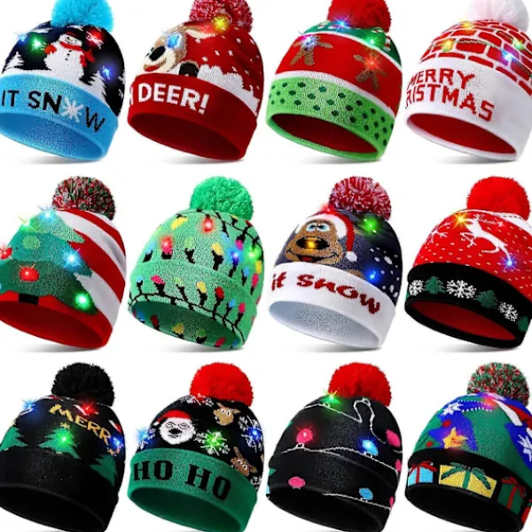 2024 NY LED Julhatt Kreativ Blinkande LED-ljus Stickad Hatt Snögubbe Vinter Varm Färg Stickad Mössa Julklapp> Huvudbonader