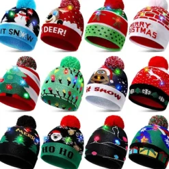 04 NY LED Julhatt Kreativ Blinkande LED-Ljus Stickad Hatt Snögubbe Vinter Varm Färg Stickad Mössa Julklapp><noscript><img width=