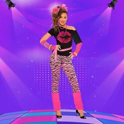 80- och 90-tals Outfit för Kvinnor, T-shirt, Benvärmare, Klänning, Örhängen, Armband, Handskar Rosaröd-FM- S><noscript><img width=