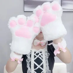 2 par dammiga söta kattpåtassarvantar vintervarma fluffiga plysch tecknade cosplay vantar - vita><noscript><img width=