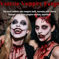 4 par vampyrtänder, 4 storlekar huggtänder för cosplay Halloween med tub fast lim, vampyr kista presentförpackning design><noscript><img width=