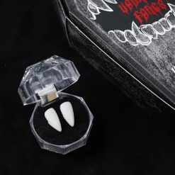 4 par vampyrtänder, 4 storlekar huggtänder för cosplay Halloween med tub fast lim, vampyr kista presentförpackning design><noscript><img width=