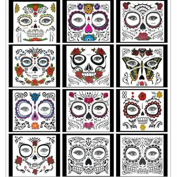 12 Pcs Halloween Sticker Temporary Face Tattoos Makeup Halloween Masquerade Clown Smile Floral Skeleton Black Atmosphere Of Terror For Men Women Kids | Fyndiq> Smink