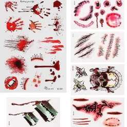 6 Sheets Halloween Temporary Tattoos Bleeding Wound Fake Scars Blood Stickers> Smink