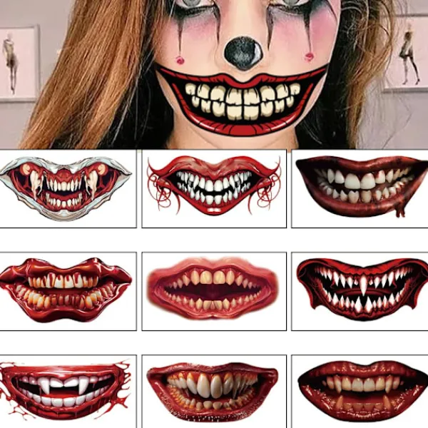 10 st Halloween Clown Horror Mun-Tatueringsdekaler Ansiktsdekaler Falska Tatueringsdekaler Tillfälliga Tatueringsset> Smink