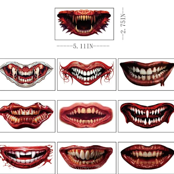 10 st Halloween Clown Horror Mun-Tatueringsdekaler Ansiktsdekaler Falska Tatueringsdekaler Tillfälliga Tatueringsset> Smink