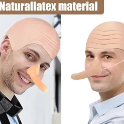 FMYSJ 4 st Halloween Kostymtillbehör för Vuxna, Latex Skallig Huvud med Peruk, Randig Halsduk, Falsk Lång Näsa, Rollek Party Tecknad Cosplay (FMY)><noscript><img width=