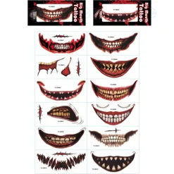 12 st Halloween Leende Mun Tatueringsdekaler Clown Horror Mun Tillfälliga Tatueringar för Barn Vuxna Cosplay Party Dekorationer> Smink