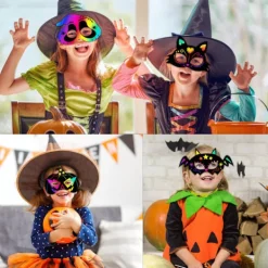 8 st Halloween regnbåge skrapkonst ansiktsmasker skelett häxa pumpa ansiktsmasker Halloween festgåvor tillbehör dekorationer för barn><noscript><img width=