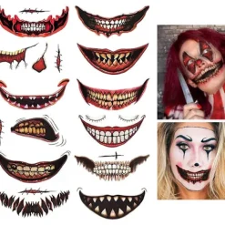 12 st Halloween tillfälliga ansiktstatueringar, skräckmakeup clownmun tillfälliga klistermärken avtagbara> Smink