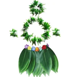 LEIGELE 5 st Hula Kjol Hawaiiansk Kostymset med Gröna Blad Halsband Armband Hårband Luau Party Favörer för Strand Luau Party Tillbehör (Vuxna) (LGL)> Tillbehör