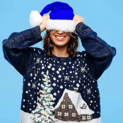 3 st. Jultomtehatt för vuxna, blå och vit, traditionell tomtehatt i plysch, julparty (blå)><noscript><img width=