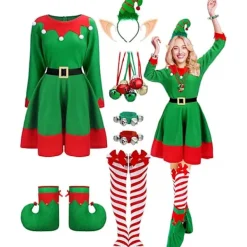 12 st Kvinnor Jul Tomte Kostym Jultomtens Hjälpredor Klänning Outfit Tomtehatt Klockor Öron Skor Jul Fancy för Fest (Storlek, XL)> Dräkter