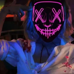 1 st LED Halloween Purge Mask med Ljus - EL Tråd Läskig Mask för Maskerad Cosplay, Barn Män Kvinnor Festival Party (rosa)><noscript><img width=
