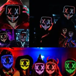 1 st LED Halloween Purge Mask med Ljus - EL Tråd Läskig Mask för Maskerad Cosplay, Barn Män Kvinnor Festival Party (rosa)><noscript><img width=