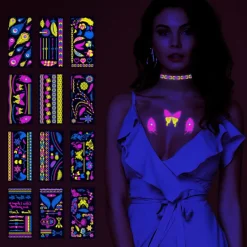 12 st Musikfestival Fluorescerande Fjäril Vattentät Ansiktsdekal Maskeradfest Neon Tatueringsdekal><noscript><img width=